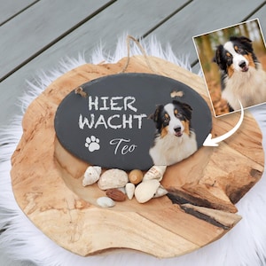 Personlig hundskylt i skiffer med eget foto | Namnskylt i skifferfärgad present till hund, oval, hjärtaformad, rektangulär | Hundälskare