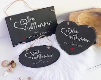 Personalized family welcome door sign | Slate nameplate with cord | Door decoration, slate plaque, house sign, family name, gift