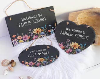 Personalisiertes Türschild Familie Schiefer Blumenwiese, Namensschild, Geschenk Einzug, Hausbau, Umzug, Familienschild, Klingelschild, Deko