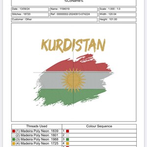 May include: Embroidered design featuring the word "KURDISTAN" above a stylized flag. The flag incorporates red, white, green, and a golden sun emblem. The design is likely for apparel or accessories.