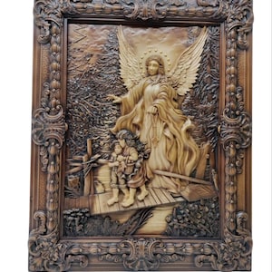 Wood Guardian Angel Icon: Christian Bas-Relief Picture (44x34cm)