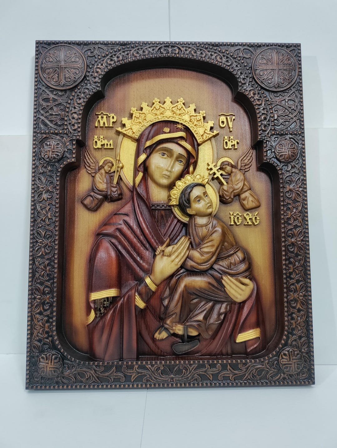 Our Lady of Perpetual Help Wooden Icon, Carved Virgin Mary With Jesus ...