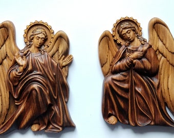 Guardian Angel Wood Bas-Relief  (20x15cm, Pair of 2): Christian Icon First communion gift Religious gift Birthday gift Handcrafted gift