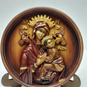 Our Lady of Perpetual Help Icon: Wood Madonna Bas-Relief, Christian Gift