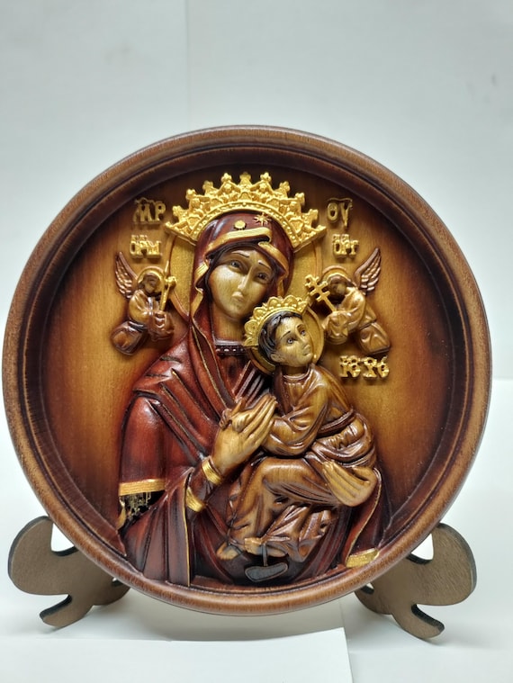 永遠の助けの聖母のイコン：木製の聖母の浅浮き彫り、キリスト教の