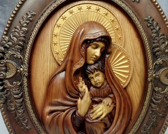 Wood Carved Icon of Mary with Baby Jesus: Christian Bas-Relief (15.35x12.99in)