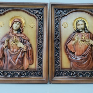 Sacred Heart of Jesus Immaculate Heart of Mary made of wood Christian Art Religious best gift Icon Bas-relief