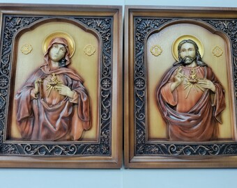 Conjunto de iconos de madera del Sagrado Corazón de Jesús y María: Regalo religioso cristiano