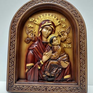 Wood Icon: Our Lady of Perpetual Help, Christian Bas-Relief (25x20 cm)