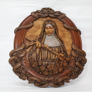 Saint Rita Made of Wood Christian icons Bas-relief Jesus&#39; Bride Religious Handcrafted Gift Tabletop