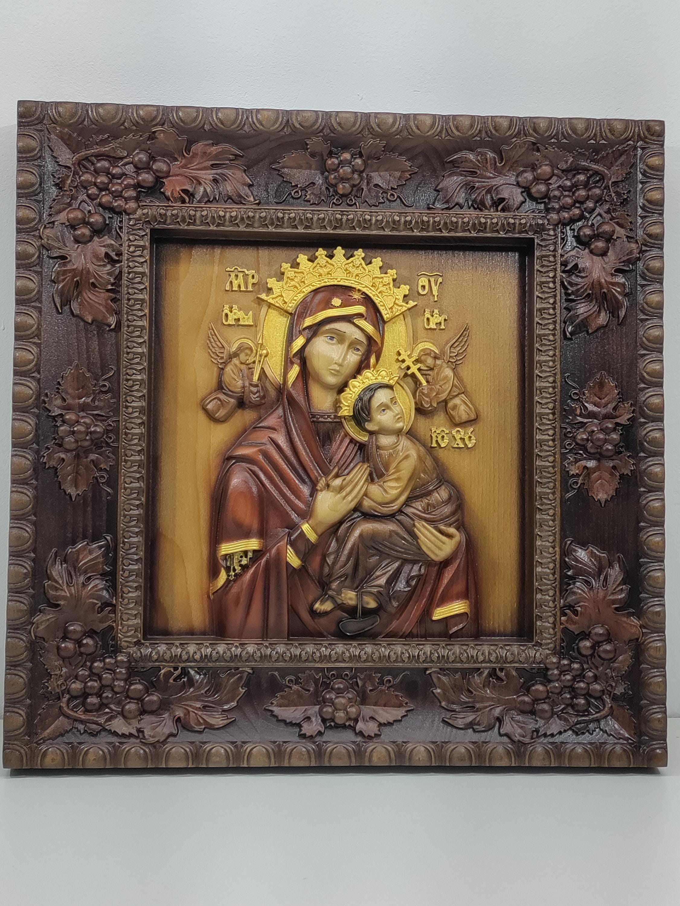 Wood Icon: Our Lady of Perpetual Help, Christian Bas-Relief (50x50cm)
