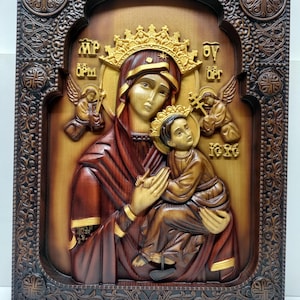 Handcrafted Wood Icon: Our Lady of Perpetual Help - Christian Gift