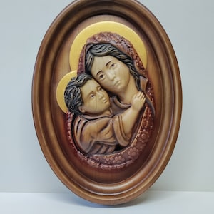 Virgin Mary and Jesus Christ Icon made of wood Virgin Mary Christian Art bas-relief Madonna Religious Wood Wall Art Best Gift