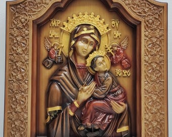 Handcrafted Wood Our Lady of Perpetual Help Icon (12,9x9,27in.):  Christian gifts