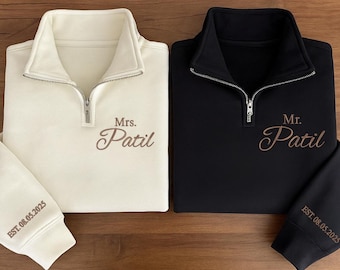 Sweat-shirt brodé personnalisé avec fermeture éclair sur un quart de M. et Mme, date sur la manche, cadeau pour la mariée, future Mme et M. chemise, cadeau de fiançailles