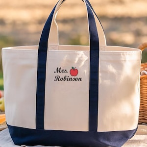 Embroidered Personalized Teacher Canvas Tote Bag, Custom Name Teacher Bag, Teacher Appreciation Gift