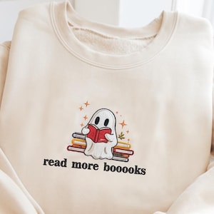 Embroidered Teacher Halloween Sweatshirt, Halloween Teacher, Read More Books, Spooky Teacher Ghost Shirt, Librarian Shirt, Halloween Party