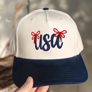 Embroidered USA Patriotic Bow Baseball Cap, 4th of July Hat, Women Independence Day Trucker Hat, Coquette America Hat