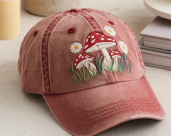 Embroidered Mushroom Vintage Washed Hat, Natural Lover Gift, Cottagecore Embroidered Hat, Summer Hat For Her, Mushroom Embroidery