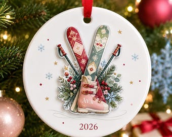 Personalized Ski Ornament, 2 Layer Ceramic Christmas Ornament, Ski Lover Gift, Winter Sports Keepsake, Custom Snowboard Xmas Decor