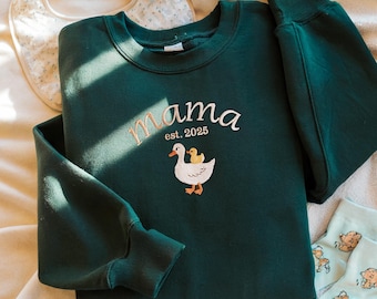 EMBROIDERED Custom Mama Goose Sweatshirt, Mama Duck With Duckling Sweater, Varsity Mama Personalized Name Crewneck, Mama Est Year Crewneck