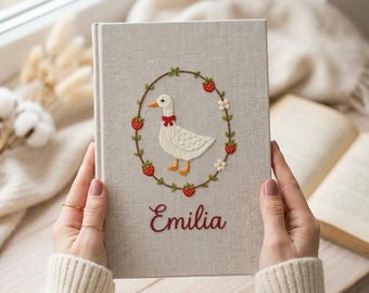 Personalized Embroidered Goose Notebook, Custom Name Fabric Journal, Strawberry Garden Diary, Handmade Linen Notebook Gift for Girls Women