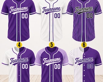 Maillot de baseball violet personnalisé, chemise personnalisée avec numéro de nom, uniforme d'équipe, chemise boutonnée style baseball, cadeau chemise violette en jersey d'équipe