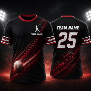 Custom Baseball Jersey, Personalized Team Name & Number Shirt, Black Red Home Run Uniform, Youth Adult Sports Gift for Team Players