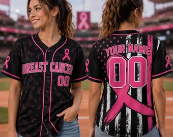 Personalized Breast Cancer Warrior Baseball Jersey, Custom Pink Ribbon Button Up Shirt, Custom Name Awareness Jersey, Survivor Gift Team