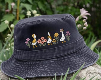 Embroidered Cute Goose Vintage Bucket Hat, Embroidered Funny Goose Hat, Funny Embroidered Hat, Funny Goose Gift