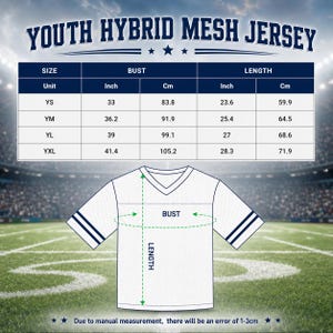 May include: A white V-neck youth hybrid mesh jersey size chart with bust and length measurements in inches and centimeters. The table lists sizes YS, YM, YL, and YXL with corresponding dimensions. A diagram shows where to measure bust and length.