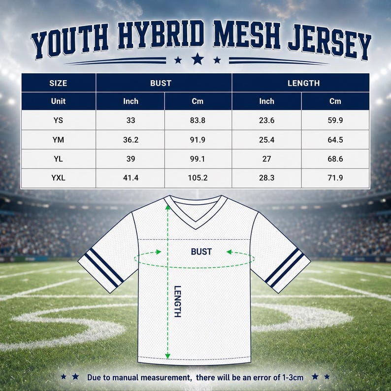 May include: A white V-neck youth hybrid mesh jersey size chart with bust and length measurements in inches and centimeters. The table lists sizes YS, YM, YL, and YXL with corresponding dimensions. A diagram shows where to measure bust and length.