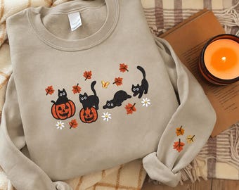 Embroidered Halloween Autumn Black Cat Sweatshirt, Cute Pumpkin Fall Sweater, Black Cat Cute Autumn Spooky Season, Cat Lover Gift