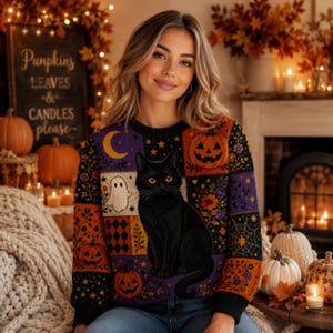 Black Cat Halloween Sweater, Patchwork Pumpkin Ghost Sweatshirt, Cozy Fall Cat Lover Pullover, Spooky Season Autumn Knit Gift for Women