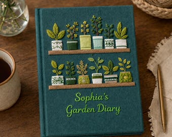 Personalized Garden's Diary Notebook, Garden Plants Hand Embroidered Notebook, Handmade Fabric Cover Notebook, Plant Lover Gardening Mom