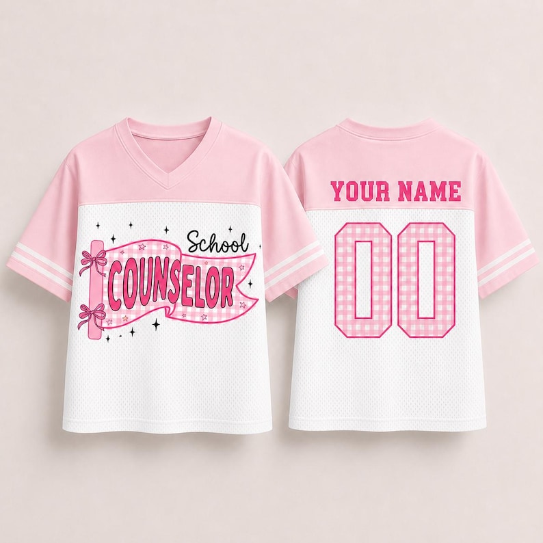 Personalized School Counselor Mesh Jersey, Custom Counselor Shirt, Back to School Mesh Jersey, Name & Number Teacher Tee, Teacher Shirt Pink