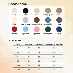 May include: Image showing a colour chart and size chart for a garment. The colour chart includes white, black, sand, military green, brown, beige, sports grey, dark chocolate, carolina blue, grey, maroon, light blue, light pink, forest green, and navy.