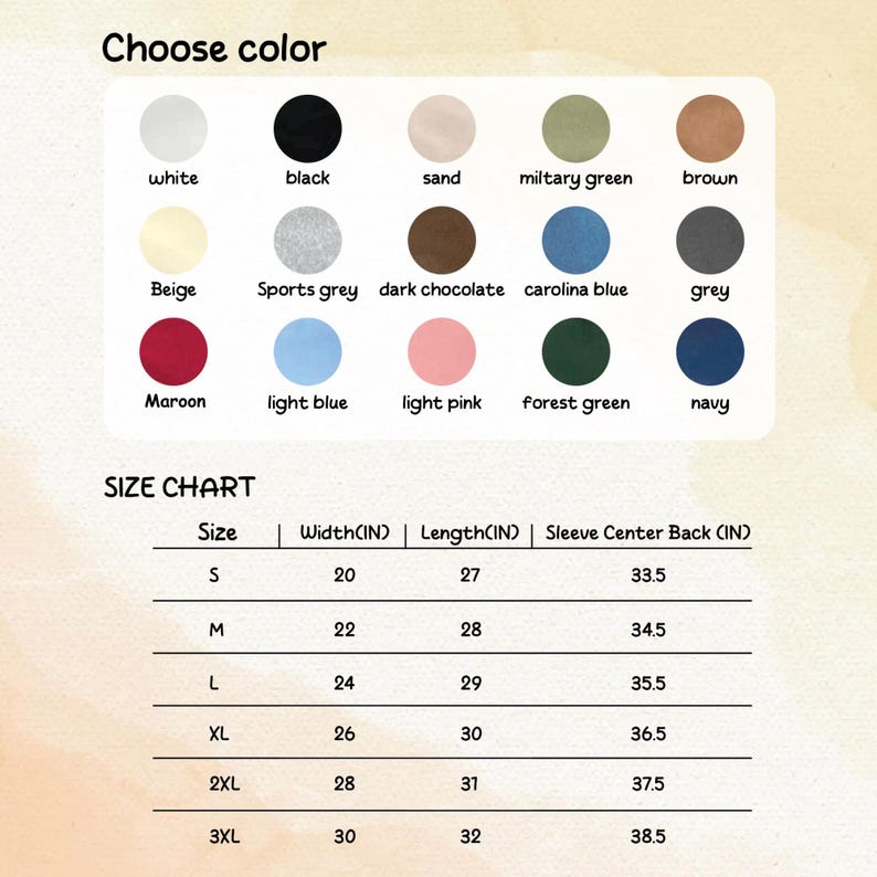 May include: Image showing a colour chart and size chart for a garment. The colour chart includes white, black, sand, military green, brown, beige, sports grey, dark chocolate, carolina blue, grey, maroon, light blue, light pink, forest green, and navy.
