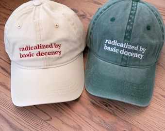 Embroidered Radicalized By Basic Decency Dad Hat, Liberal Unisex Hat, Feminist Activist Gift For Activist Hat Political Protest