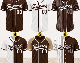 Maillot de baseball marron personnalisé, chemise personnalisée avec numéro de nom, uniforme d'équipe, cadeau chemise boutonnée style baseball cadeau chemise jersey équipe marron