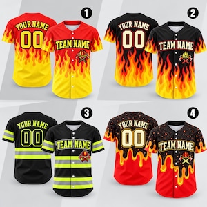 May include: Four sets of button-down baseball jerseys featuring custom text options. Designs include flame patterns in red, yellow, and black, as well as black jerseys with yellow reflective-style stripes. Each shirt displays a firefighter helmet and axe emblem.