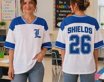 Personalized Teacher Football Jersey, Custom Name and Number Mesh Shirt, Blue White Drop Shoulder Game Day Top, School Spirit Gift for Her
