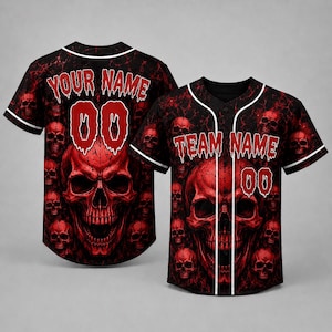 May include: A black and red baseball jersey featuring a repeating skull pattern with a dripping effect. The front displays the text TEAM NAME and the number 00, while the back shows YOUR NAME and the number 00 in a matching dripping font style.