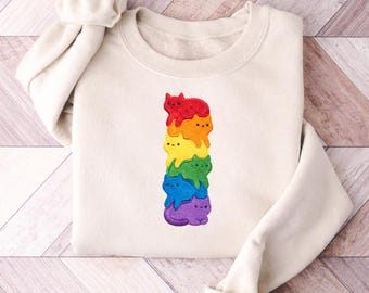 Embroidered Rainbow Cat LGBT Pride Sweater, LGBT Cat Sweater, Rainbow Ally Silly Cat, Pride Gift,  Embroidered Sweater, Pride Month Shirt