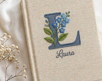 Personalized Embroidered Floral Initial Notebook, Custom Name Journal, Handmade Fabric Diary, Garden Lover Gift for Women Mom
