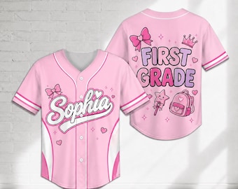 Personalized Back To School Jersey, Custom First Grade Shirt, Pink Girls Baseball Jersey, First Day of School Outfit, Name Shirt For Girl