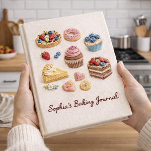 May include: A cream-colored journal titled "Sophia's Baking Journal" with embroidered images of baked goods, including a tart, donut, cupcake, and cake. The journal is held open, showcasing the detailed, colorful designs.