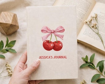 Personalized Cherry Embroidered Notebook, Custom Name Journal, Cute Aesthetic Diary, Handmade Fabric Cover Gift for Girls, Cherry Lover Girl