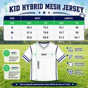 May include: A white V-neck jersey with dark blue sleeve stripes and a mesh texture. The image includes a sizing chart for sizes S, M, and L, with bust and length measurements in inches and centimeters, plus instructional diagrams for measuring.