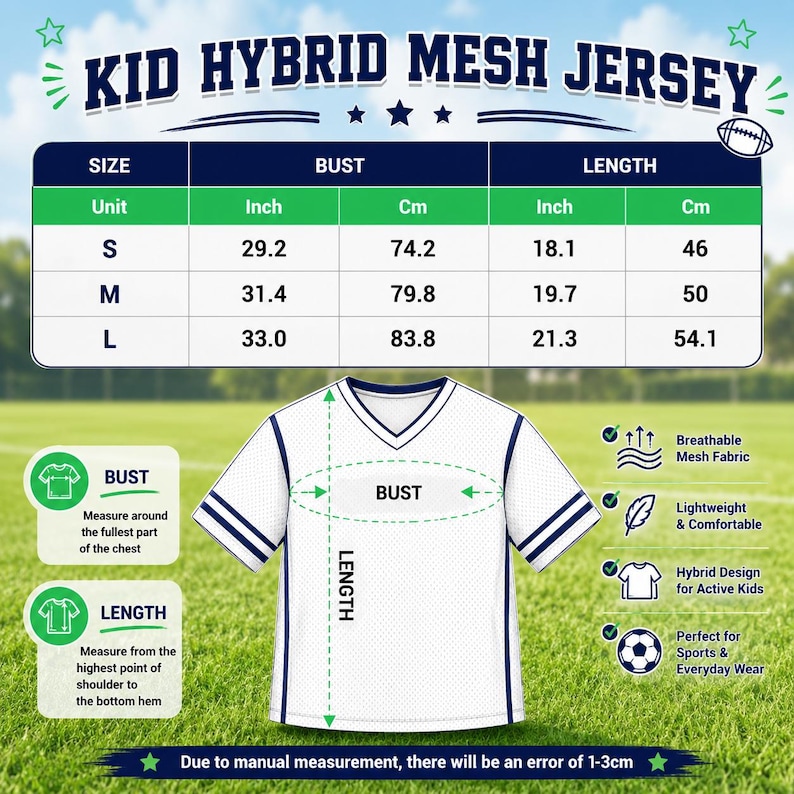 May include: A white V-neck jersey with dark blue sleeve stripes and a mesh texture. The image includes a sizing chart for sizes S, M, and L, with bust and length measurements in inches and centimeters, plus instructional diagrams for measuring.